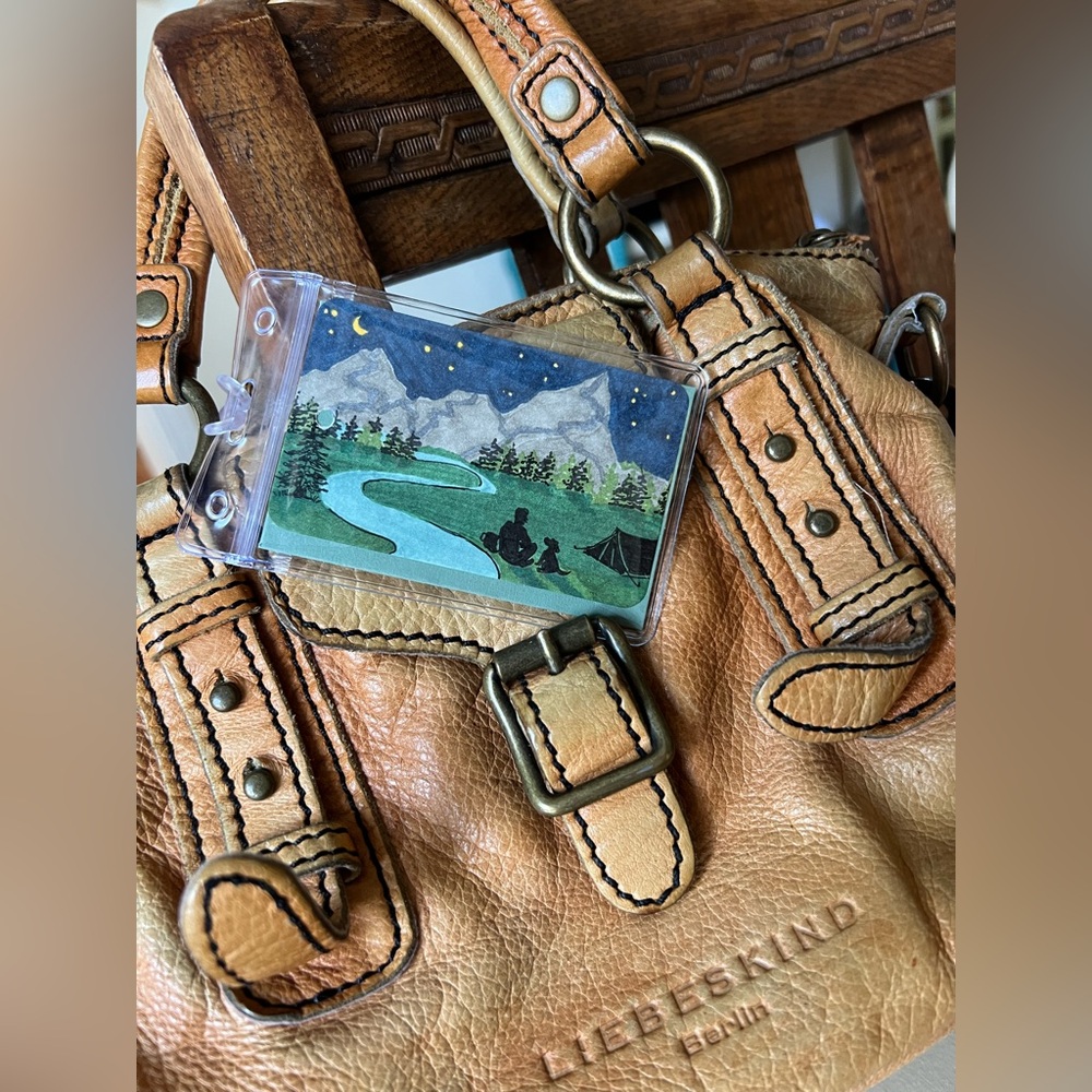 Original Art Luggage /ID/ Placecard Tag - Midnight Nature Camping & Dog